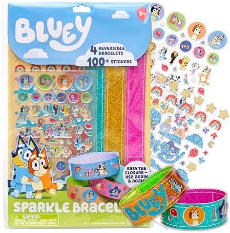 Bluey Sparkle Bracelet Making Kit, 4 Reversible Bracelets with Easy Closure, 100+ Traditional and Puffy Resin Stickers, DIY Bluey Jewelry, Arts and Crafts for Kids Age 8-12, Toddler Gifts by HorizonGroupUSA