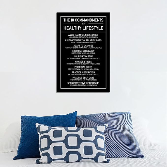 The 10 Commandments Of Healthy Lifestyle Motivational Canvas Wall Art Inspirational Exercise Healthy Growth Quote Poster Painting Prints for Office Living Room Home Decor Framed Artwork[12''W x 18''H]