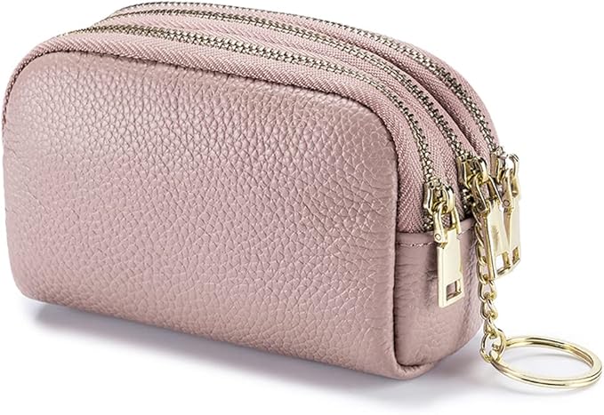 LINNO 3 Zippered Genuine Leather Coin Purse Triple Capacity Change Pouch Little Travel Wallet With Key Ring for Women
