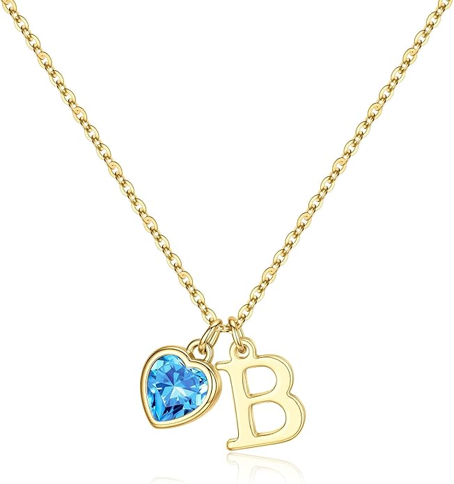 Turandoss Valentines Day Gifts for Her Trendy, Dainty 14K Gold Plated Initial A-Z Heart Birthstone Pendant Necklace Personalized Bridesmaid Birthday Valentines Jewelry Gifts for Women Girls