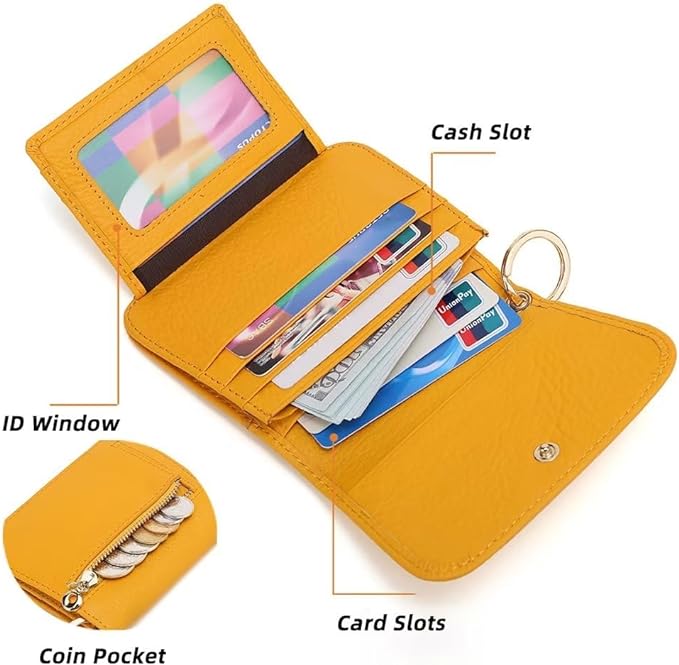 Mudono Small Wallet for Women RFID Blocking Genuine Leather Card Case Slim Tri-Fold Wallet with Zipper Pocket and Keychain