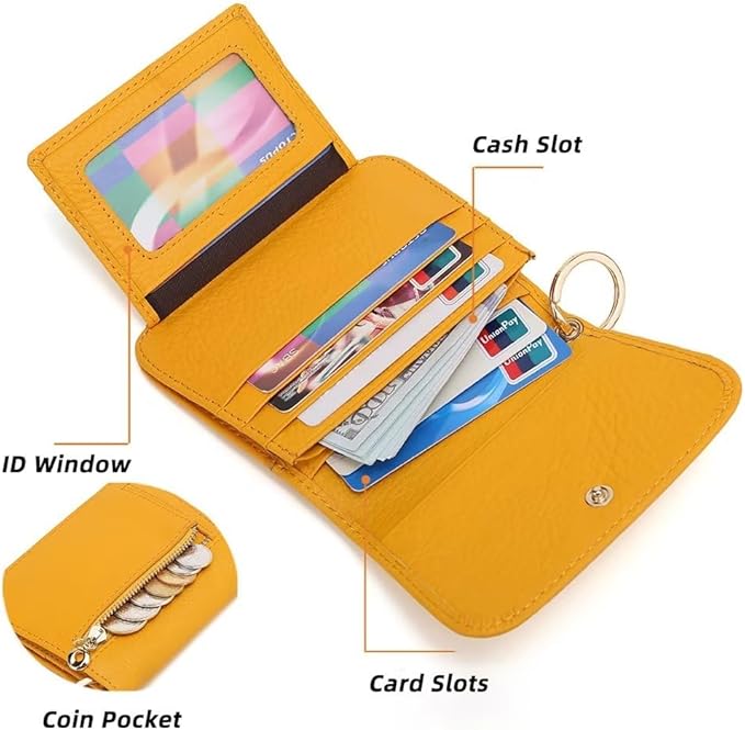 Mudono Small Wallet for Women RFID Blocking Genuine Leather Card Case Slim Tri-Fold Wallet with Zipper Pocket and Keychain