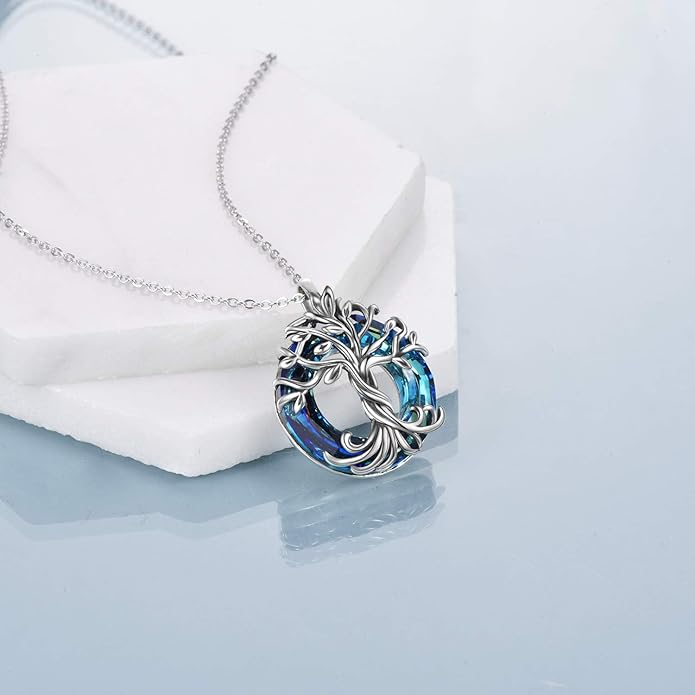 TOUPOP Tree of Life Necklace 925 Sterling Silver Family Tree Pendant Austrian Crystal Jewelry Valentines Day Birthday Gifts for Women Mom Wife Her
