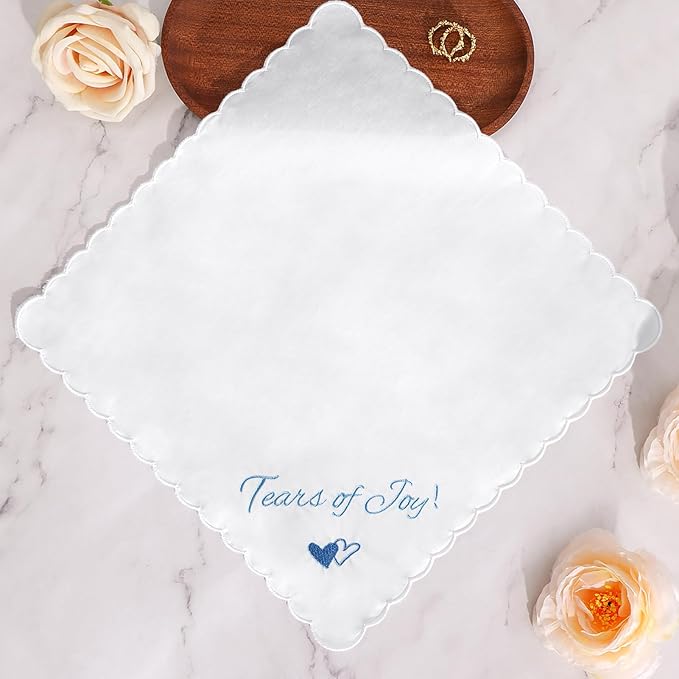 Wedding Handkerchief Something Blue for Bride, Mother Father of the Brides Groom Gifts, Embroidered Happy Tears Cotton Hanky