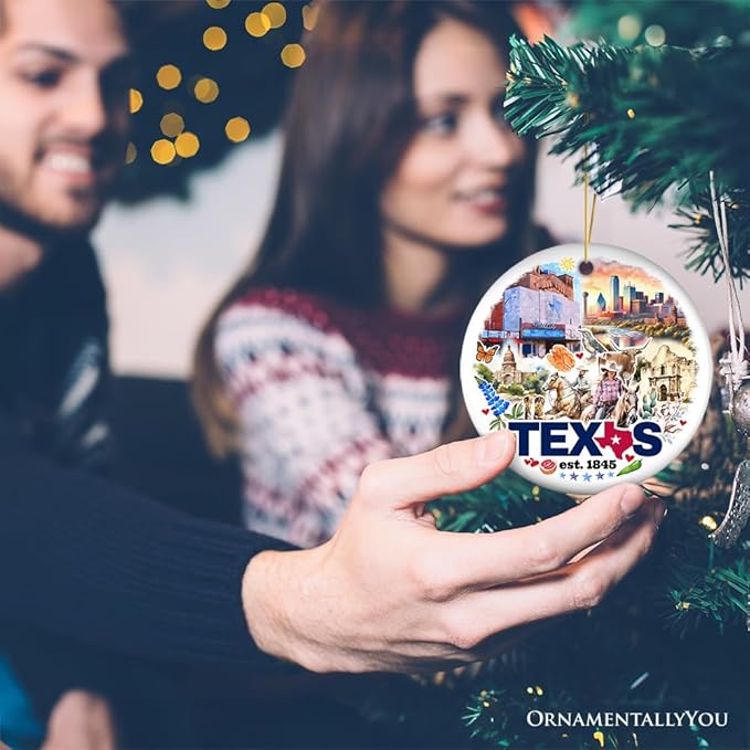 Artistic Watercolor Texas Cultures and Landmarks Ceramic Ornament, Travel Gift and Christmas Tree Decor