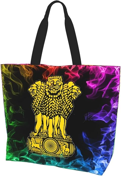 India National Emblem Large Reusable Eco-friendly Shopping Bags Portable Storage Handbag