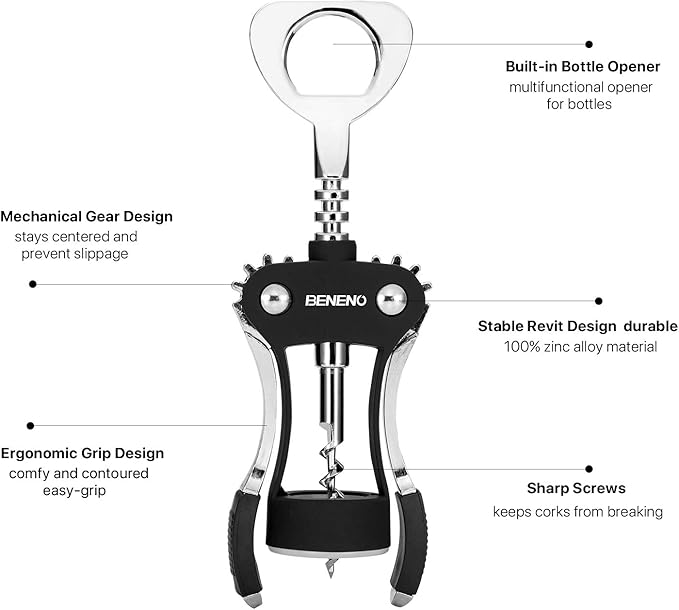 Beneno Wine Opener with Stainless Steel Wine Foil Cutter - Bottle Top Seal Cutter, Zinc Alloy Premium Wing Corkscrew with Multifunctional Bottles Opener, Midnight Black