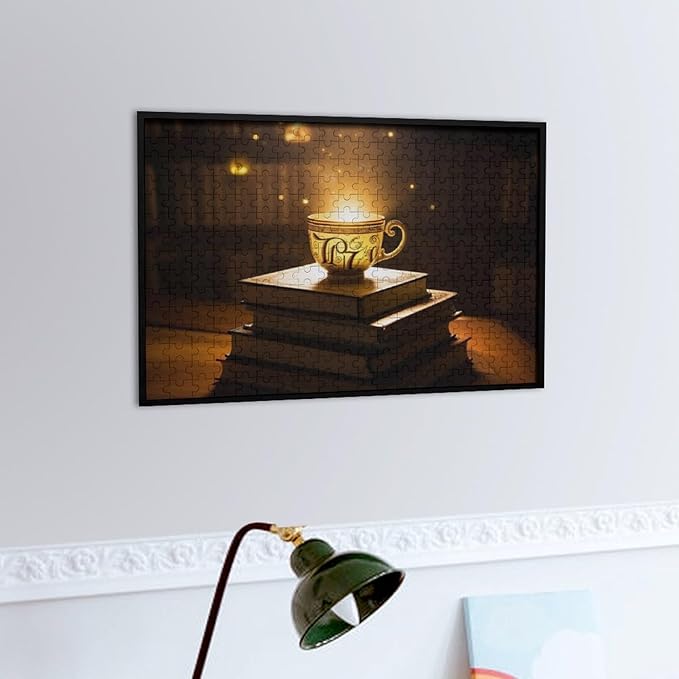 Wooden Puzzle - Hot Tea On A Book Rounded Corner Jigsaw Puzzles，Wooden Puzzles for Adults 300 Pieces Challenge Puzzles，Educational Games，Family Puzzles，Unique Gifts for Wall Art