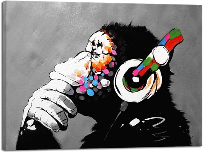 Wieco Art Monkey With Headphones Banksy Graffiti Art Abstract Canvas Painting Posters and Prints Animal Canvas Wall Art for Wall Decor and Home decorations Office Decor