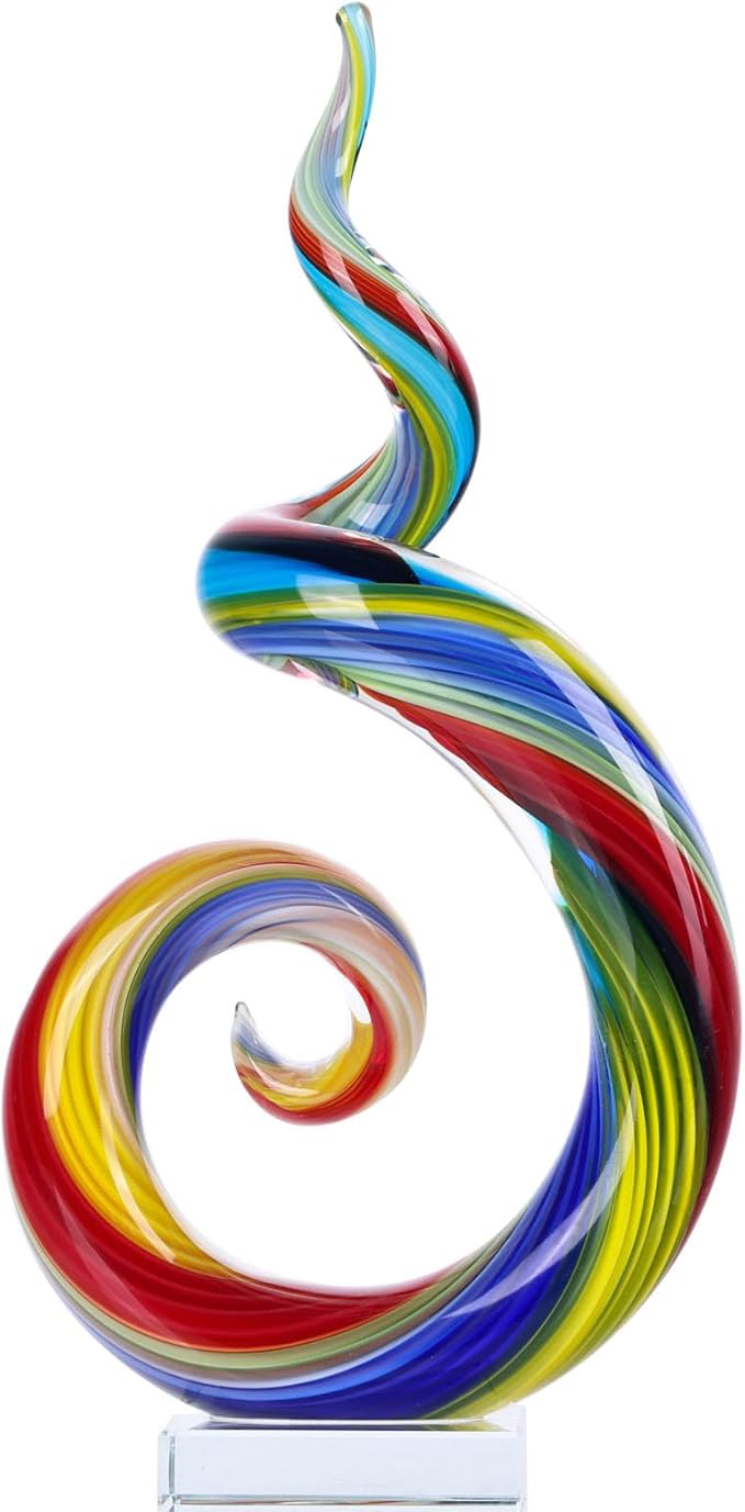 XMGZQ 13.7" Colour Hand-Blown Art Glass Sculpture,Abstract Rainbow Swirl Style Sea Glass Statue and Figurine,Coastal Ocean Nautical Home Decor,Shelf,TV Stand,Tabletop Centerpieces,Wonderful Gift