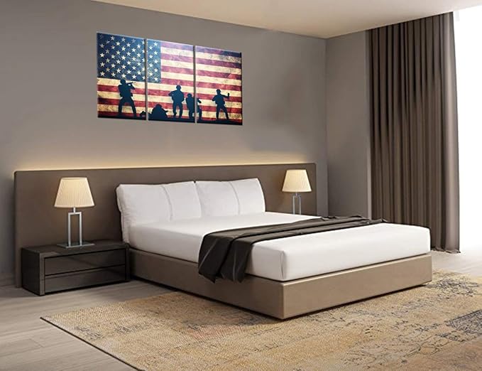 Native American Pictures Stars Stripes USA Flag Paintings Patriotic Soldier Artwork for Living Room 3 Pcs Prints Wall Art on Canvas Giclee Home Decorations Framed Stretched Ready to Hang(60''Wx 28''H)