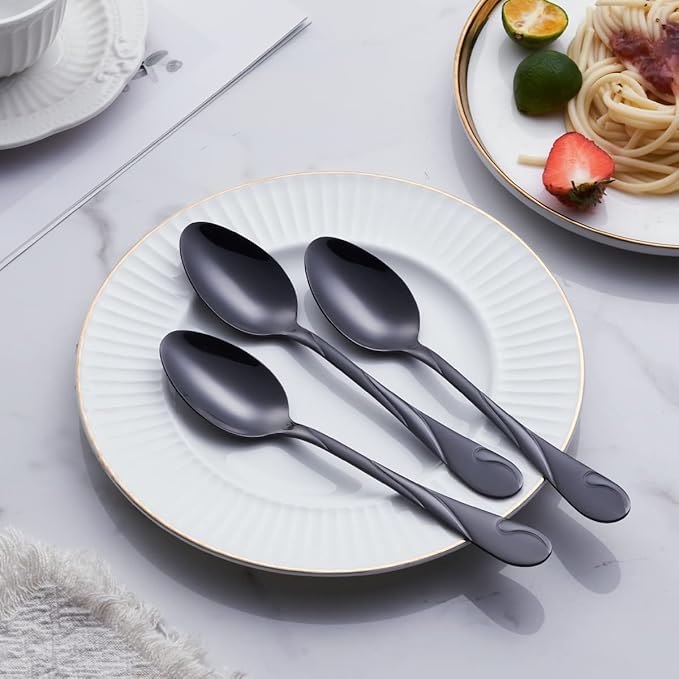 Black Dinner Spoon Set, Seeshine 7.6-inch Stainless Steel Shiny Black Soup Table Spoon Silverware, Set of 6