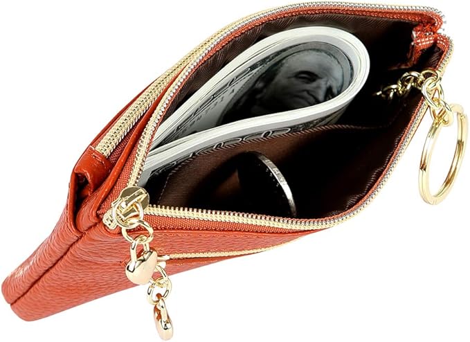 Women's Genuine Leather Coin Purse Zipper Pocket Size Pouch Change Wallet, Brown