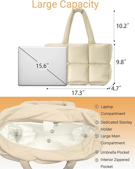 Herald Puffer Tote Bag for Women, Large Quilted Puffy Handbag Lightweight Satchel Purse with Cup Holder & Compartment