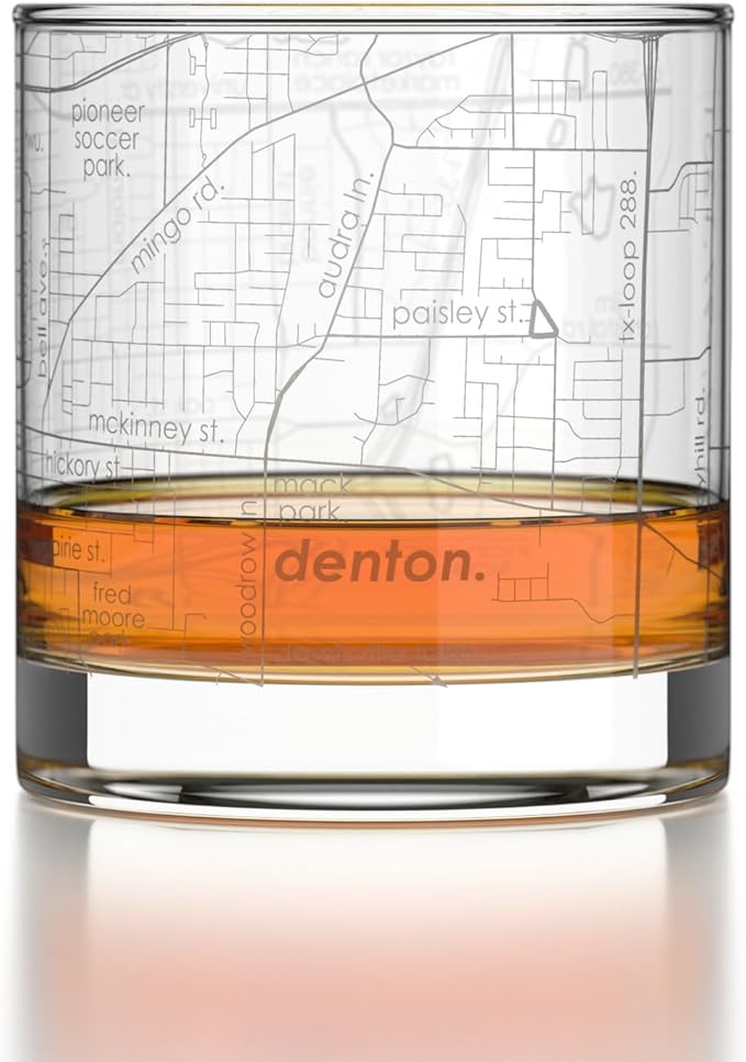 Well Told Engraved Denton Texas Map Rocks Glass, Old Fashioned Glassware (11 oz, Clear) Etched Bourbon Tumbler, Gifts For Whiskey Lovers