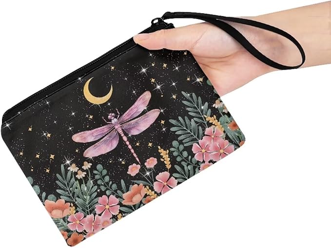 Dolyues Dragonfly Print Coin Purse Tote Change Pouch Zipper Clutch for Women Moon Pattern Coin Bag Travel Wallet Money Organizer Card Holder, Black