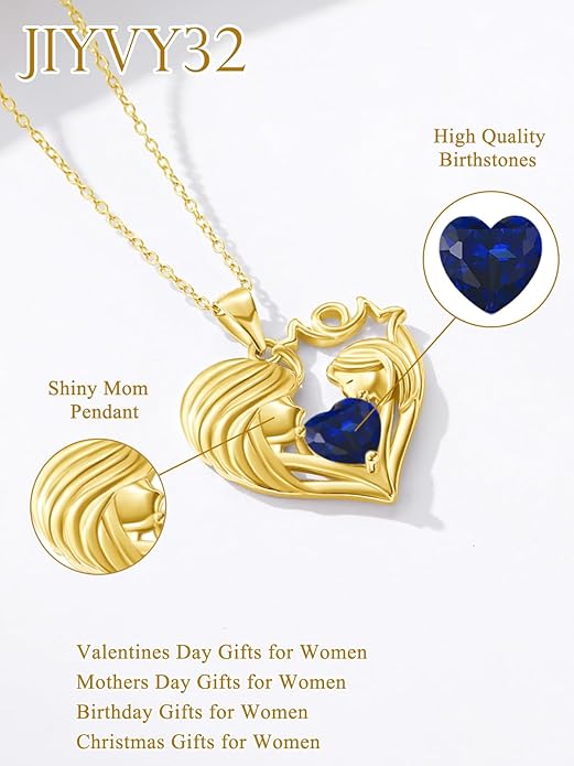 Mother and Daughter/Son Love Heart Necklace White Gold/14K Gold/Rose Gold Birthstone Jewelry Christmas Mothers Day Birthday Gifts For Mom Wife Grandma Women