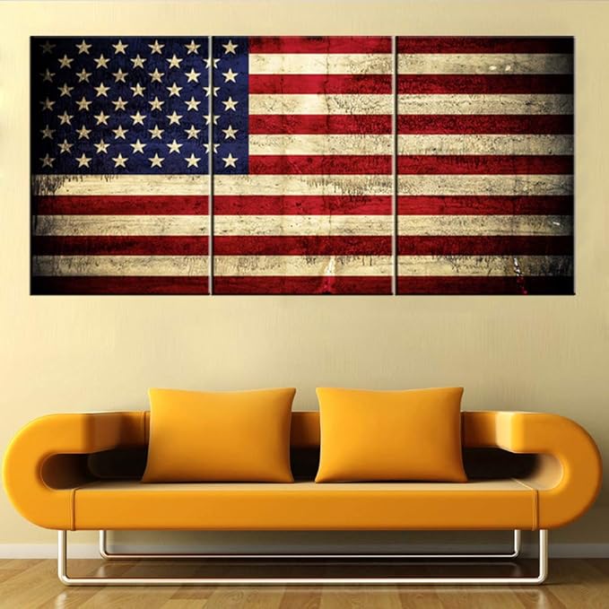American Flag Retro Paintings Red Blue Stripes Pictures for Living Room Patriotic Artwork 3 Panel Prints Wall Art on Canvas Modern Home Decorations Framed Gallery-Wrapped Ready to Hang(42''Wx20''H)