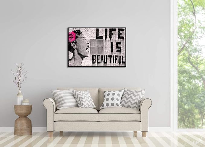 Wieco Art Framed Art Canvas Prints of Banksy Life is Beautiful Abstract Artwork for Wall Decor Black Frame