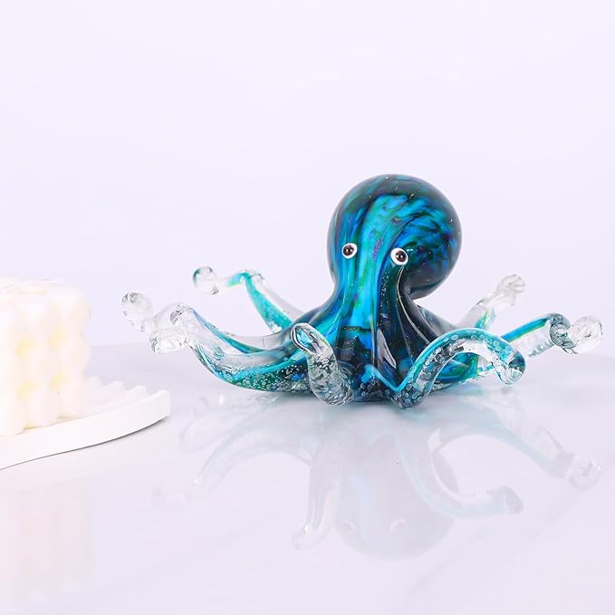 LCCCK Glass Octopus Statue Home Decor, Hand Blown Glass Decor Ocean Figurines Octopus Sculpture, Murano Art Office Desk Paperweights Fish Tank Aquarium Sea Animals Christmas Birthday Gift