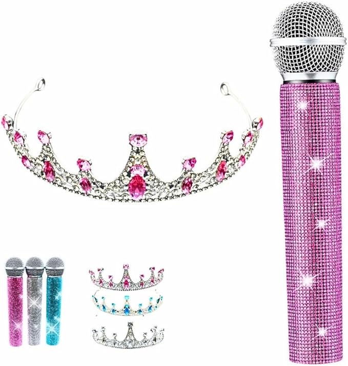 Bling Fake Microphone Prop and Crystal Tiara – Sparkly Rhinestone Toy Mic & Crown Girls Cosplay, Princess Dress Up