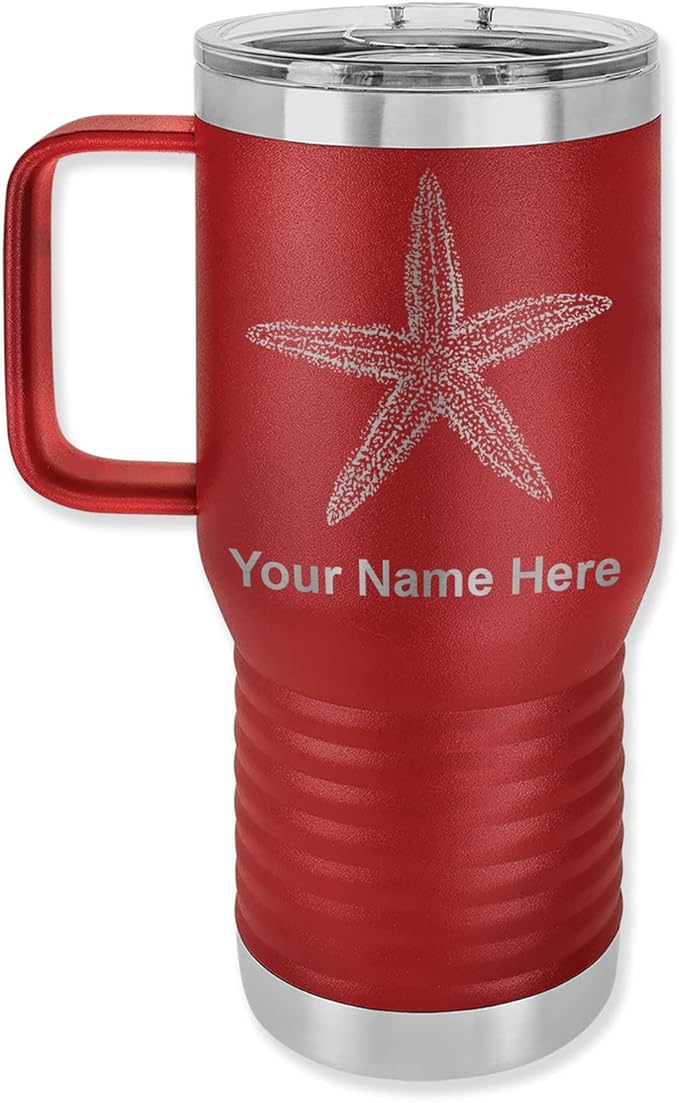 LaserGram 20oz Vacuum Insulated Travel Mug with Handle, Starfish, Personalized Engraving Included (Maroon)