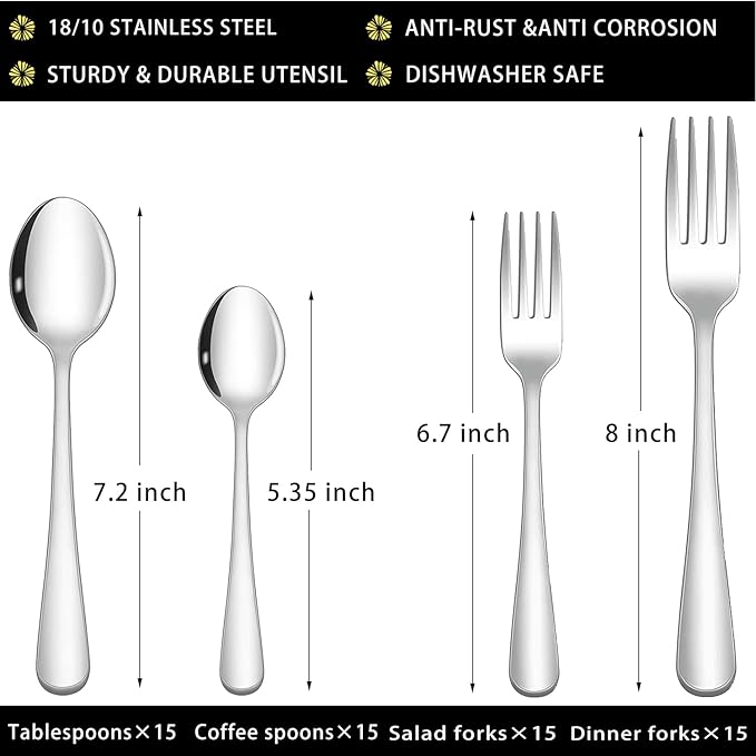 60 Pieces Spoons and Forks Set, Stainless Steel Forks and Spoons Silverware Set, Home Kitchen Cutlery Spoons and Forks
