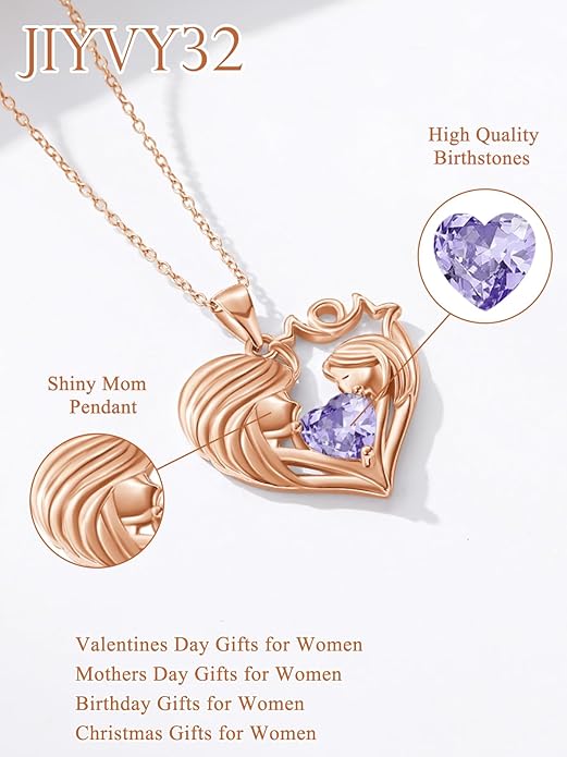 Mother and Daughter/Son Love Heart Necklace White Gold/14K Gold/Rose Gold Birthstone Jewelry Christmas Mothers Day Birthday Gifts For Mom Wife Grandma Women