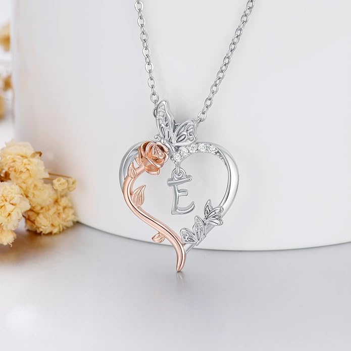 TOUPOP Rose Heart Necklaces Gifts for Women 925 Sterling Silver Butterfly Heart Initial Necklace Anniversary Valentines Day Birthday Jewelry Gifts for Mom Her Wife Girlfriend Daughter