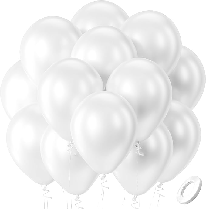 Bezente Pearl White Balloons Latex Party Balloons - 100 Pack 12 inch Round Helium Pearlescent White Ivory Balloons for Valentines Day Anniversary Wedding Bridal Shower Birthday Party Decorations