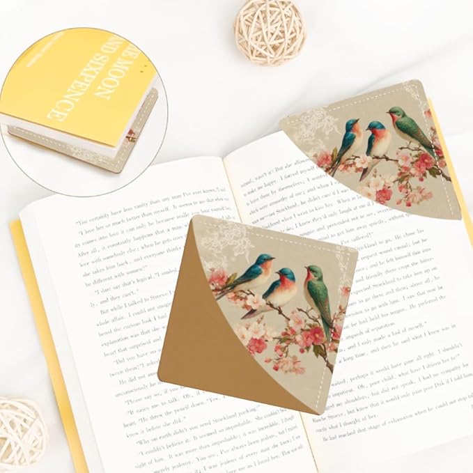 2PCS Leather Bookmarks 3.54 x 3.54 Inch Bird and Cherry Blossom Design Reading Accessories for Books Journals Bibles Travel Diary Students Teachers and Book Lovers Gift