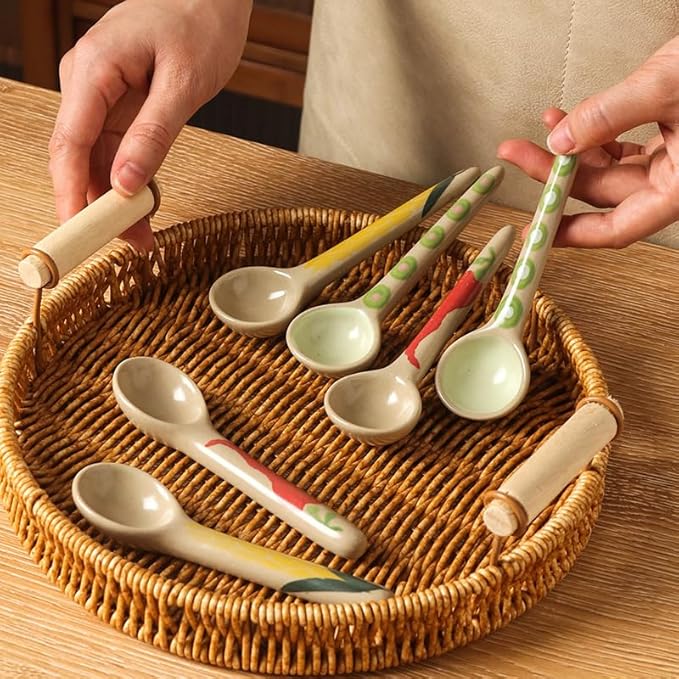 4-PCS hand-painted ceramic afternoon tea and coffee stirring spoon set, long-handled dessert spoons, handcrafted ceramic spoons, coffee spoons, teaspoons, size 4.9*1.3in (12.5*3.5cm) (Round handle)