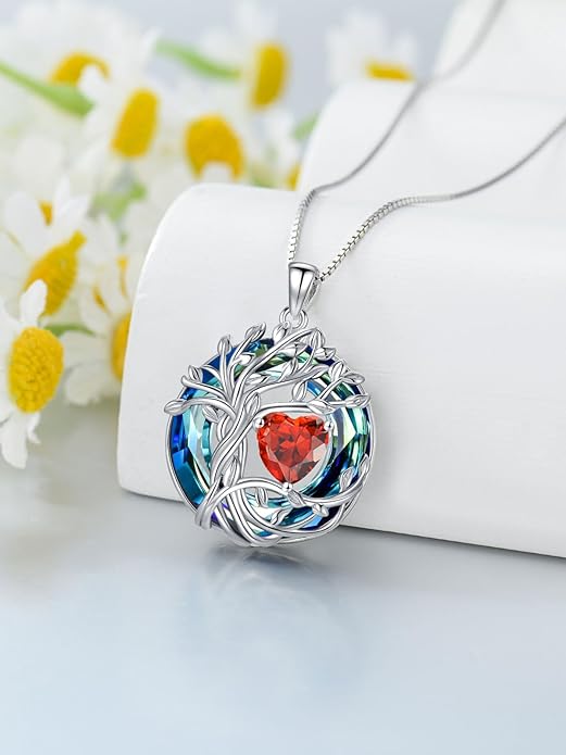TOUPOP Tree of Life Birthstone Necklace 925 Sterling Silver Pendant Austrian Crystal Jewelry Anniversary Valentine's Day Birthday Gifts for Women Mom Her Wife