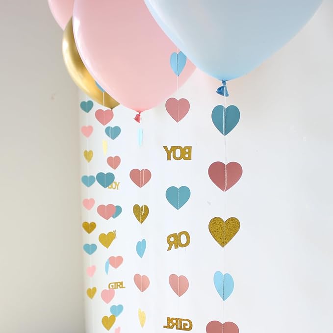 Boy or Girl Gender Reveal Decorations 6PC Pink Blue Gold Hear Garland Balloon Tails for Baby Shower Decor