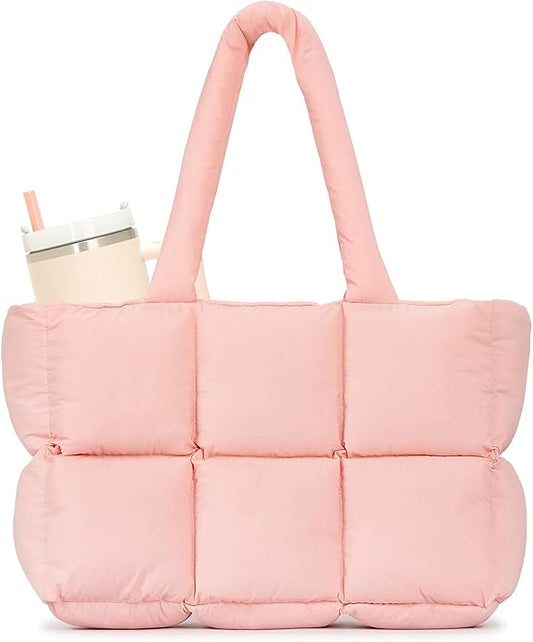 Herald Puffer Tote Bag for Women, Large Quilted Puffy Handbag Lightweight Satchel Purse with Cup Holder & Compartment