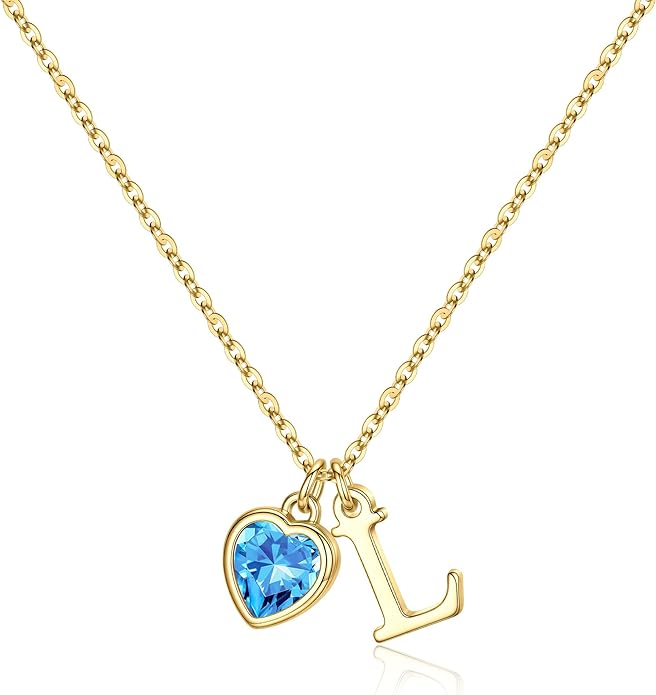 Turandoss Valentines Day Gifts for Her Trendy, Dainty 14K Gold Plated Initial A-Z Heart Birthstone Pendant Necklace Personalized Bridesmaid Birthday Valentines Jewelry Gifts for Women Girls