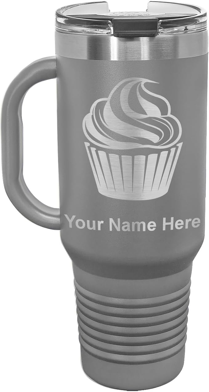 40oz Vacuum Insulated Travel Mug with Handle, Cup Cake, Personalized Engraving Included (Gray)