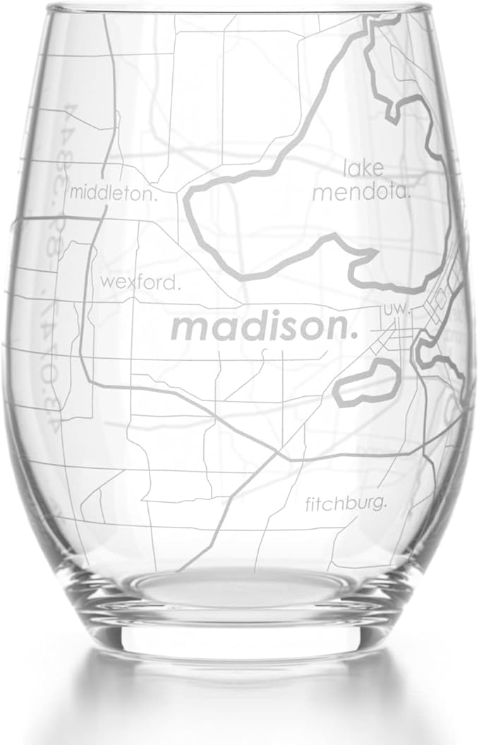 Well Told Engraved Madison Wisconsin Map Stemless Wine Glass, Etched Glass (15 oz, Clear) City Custom Gifts for Lovers