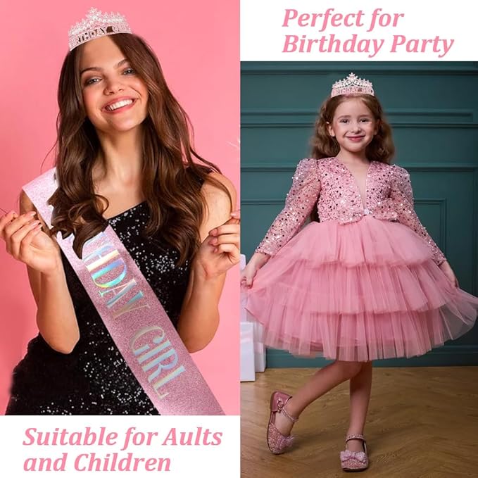 Pink Birthday Girl Crown and Sash, Pearl Birthdays tiara Pink Birthday Decorations Set, Princess Crown Tiara for Women and Girls
