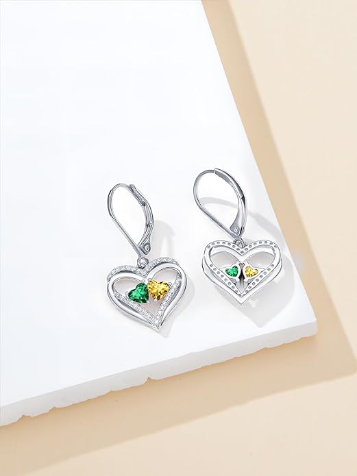 Heart Leverback Earrings Double Birthstone Dangle Earrings for Women, Love Jewelry for Her, Christmas Gifts for Women, Anniversary Birthday Gift for Mom Wife Girlfriend