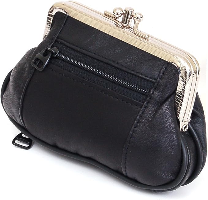 Womens Leather Mini Wallet ID Credit Cards Cash Coin Holder Case Organizer Puse with Framed & Zipper Closures - Black