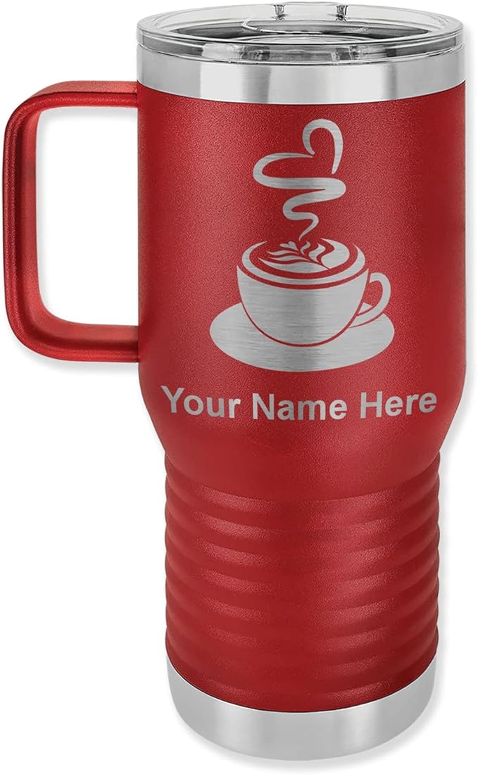 LaserGram 20oz Vacuum Insulated Travel Mug with Handle, Cup of Coffee, Personalized Engraving Included (Maroon)