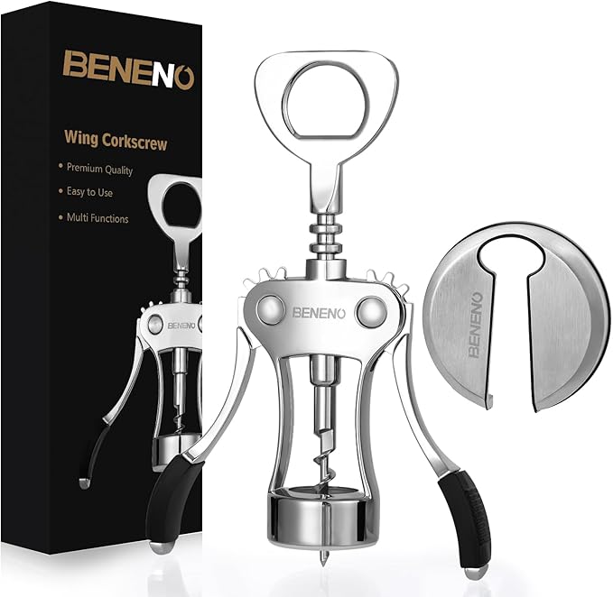 Beneno Wine Opener with Stainless Steel Wine Foil Cutter - Bottle Top Seal Cutter, Zinc Alloy Premium Wing Corkscrew with Multifunctional Bottles Opener, Ash silver