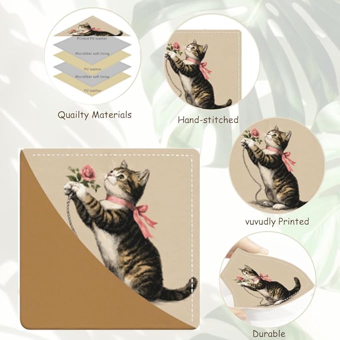 2PCS Leather Bookmarks 3.54 x 3.54 Inch Vintage Tabby Cat with Pink Rose Design Reading Accessories for Books Journals Bibles Travel Diary Students Teachers and Book Lovers Gift