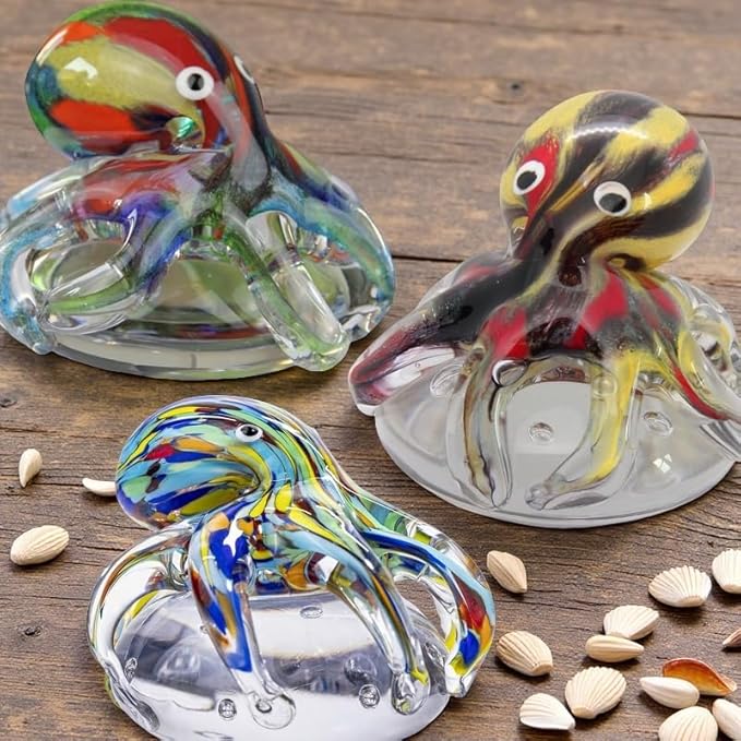 Hand Blown Art Glass Octopus Figurine on Crystal Bubble Ball | Handmade Sea Creature Collectible, Ocean Theme Desk Paperweight & Aquarium Decor