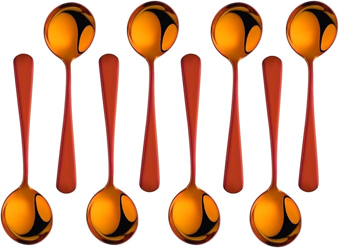 Buyer Star 8 Pieces Stainless Steel Round Soup Spoon, 6.3 Inch Mirror Polished Spoon Cutlery, Dishwasher Safe (Rainbow Red)