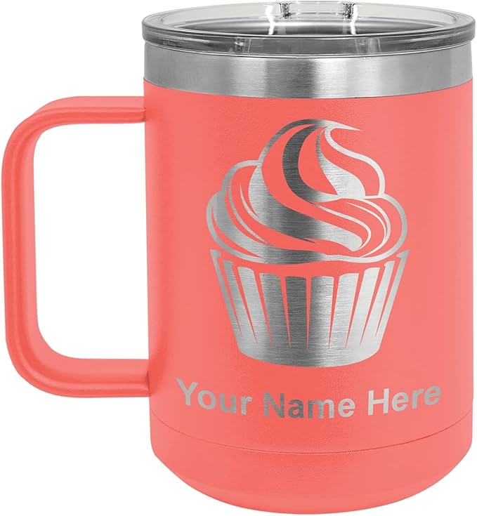 LaserGram 15oz Vacuum Insulated Coffee Mug, Cup Cake, Personalized Engraving Included (Coral)