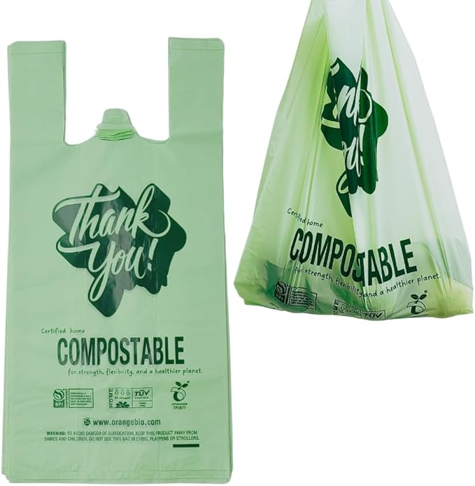 (Small) OrangeBio Certified Home Compostable Shopping Bags, 500 ct, Hold 12 lbs, 8" x 5" x 16.5", Thank You/Grocery/Take Out/T Shirt/To-Go Bags for Retail, Grocery Store