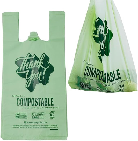 (Small) OrangeBio Certified Home Compostable Shopping Bags, 500 ct, Hold 12 lbs, 8" x 5" x 16.5", Thank You/Grocery/Take Out/T Shirt/To-Go Bags for Retail, Grocery Store