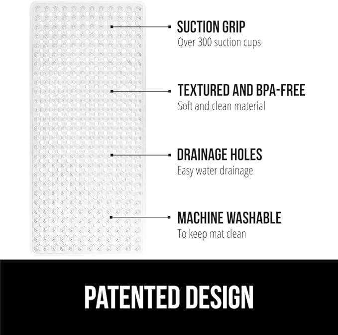 GORILLA GRIP Patented Bath Tub Shower Mat, Machine Washable Bathtub Floor Liner Mats, Suction Cups and Drain Holes to Keep Tubs Clean, Soft on Feet, Bathroom Essentials, 35x16 Inch, Clear